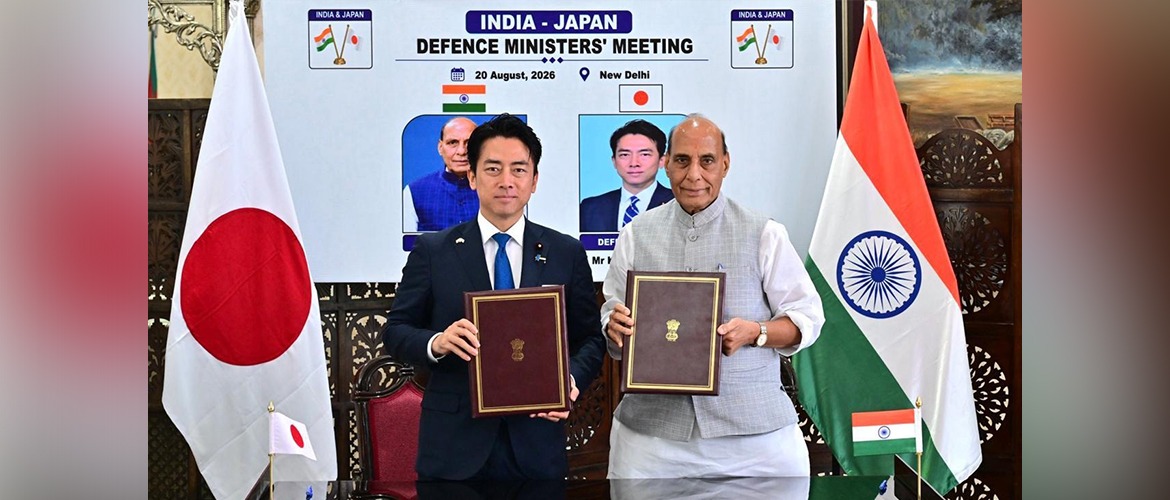 Defence Minister Shri Rajnath Singh and Defense Minister of Japan Mr. KOIZUMI Shinjiro during India-Japan Defence Ministers' Meeting in New Delhi on 20 Aug 2026.